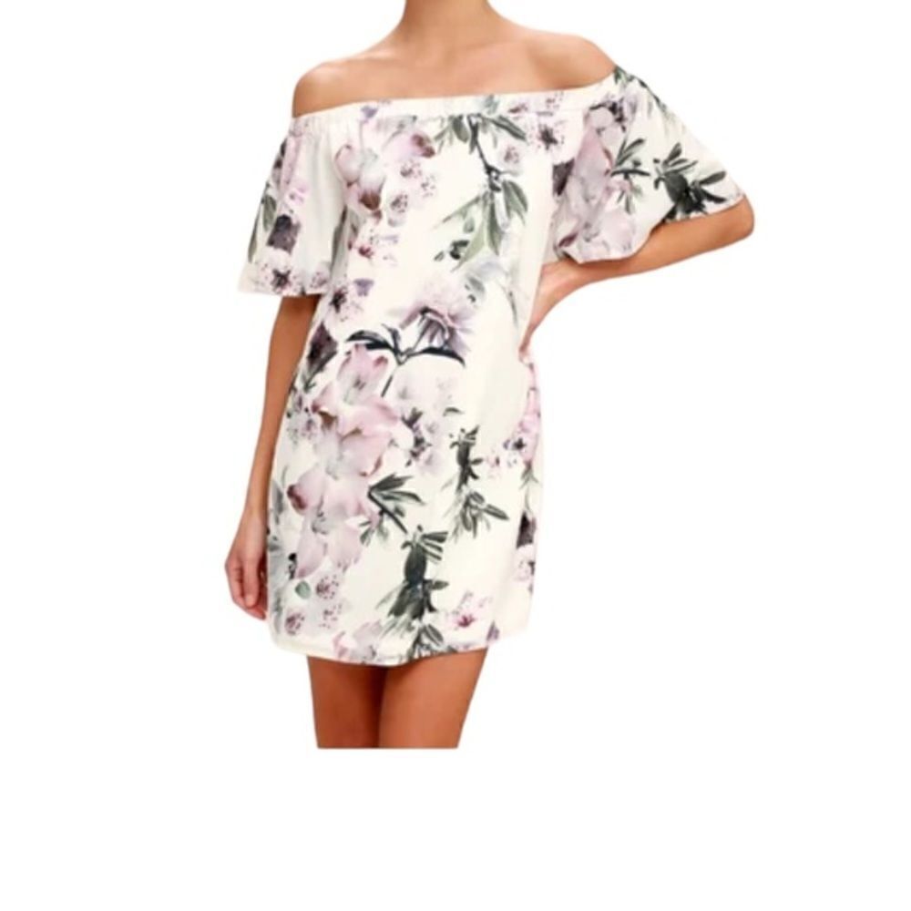 Lulus Dream of You Ivory Floral Print Off-the-Shoulder Shift Dress Size Medium - Picture 2 of 6